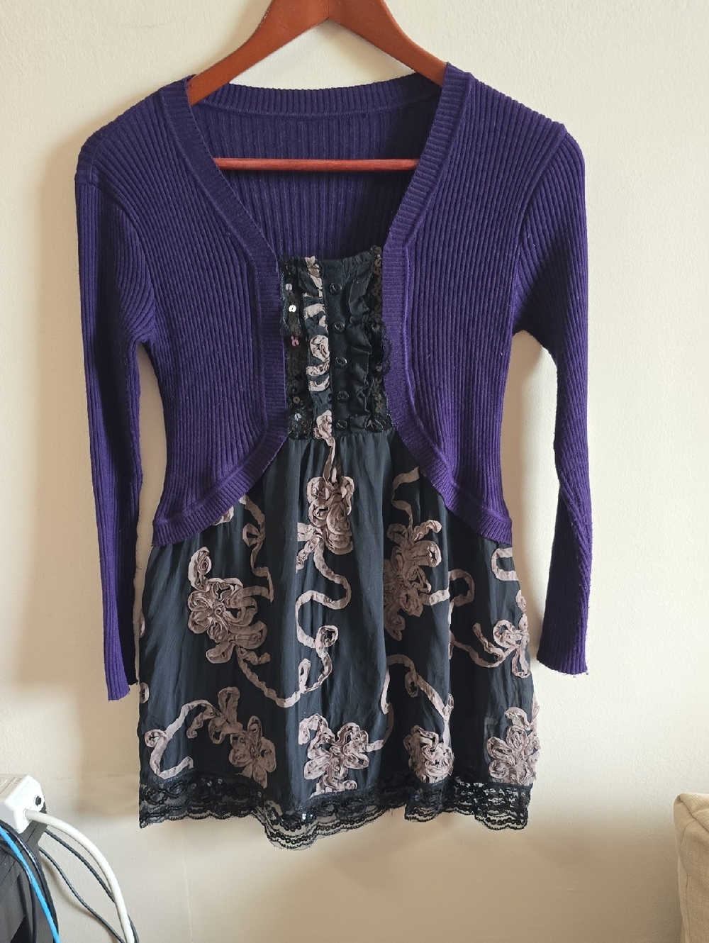Purple Ribbed Bolero Dress with Black Lace Midi Skirt